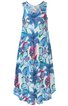 Ärmelloses, bodenlanges Damenkleid in Weiß mit großem Blumenmuster in Blau, Pink und Grün, rundem Ausschnitt, weiter Rock, leichte Falten im Stoff