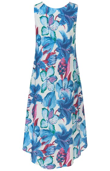 Ärmelloses langes Kleid in Weiß mit großflächigem Blumenmuster in Blau- und Rosatönen, Rundhalsausschnitt, ausgestellte A-Linie