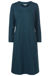 Dunkelgrünes, knielanges Kleid, langärmlig, Rundhalsausschnitt, gerade geschnitten, ohne Muster oder weitere Details