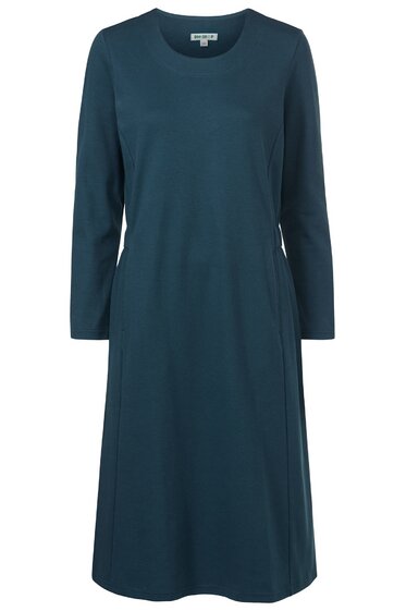 Dunkelgrünes, knielanges Kleid, langärmlig, Rundhalsausschnitt, gerade geschnitten, ohne Muster oder weitere Details