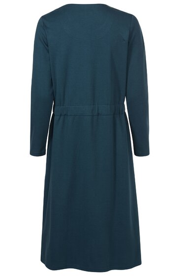 Dunkelblaues langärmliges Kleid, knielang, mit Taillierung durch angenähten Gürtel, Rückansicht