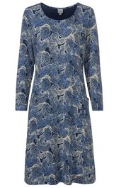 Blaues Kleid mit Zebramuster in Weiß und Schwarz, Rundhalsausschnitt, lange Ärmel, knieumspielende A-Linien-Form