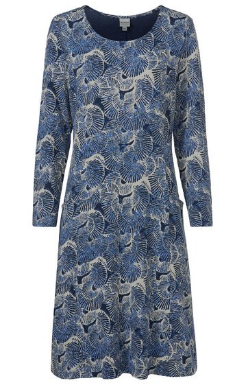 Blaues Kleid mit Zebramuster in Weiß und Schwarz, Rundhalsausschnitt, lange Ärmel, knieumspielende A-Linien-Form