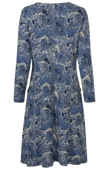 Knielanges Kleid in Blautönen mit weißem floralen Muster, langer Ärmel, Rundhalsausschnitt, leicht ausgestellter Rock