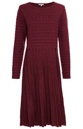 Bordeauxrotes Midikleid mit langem Arm, Strickstruktur am Oberteil, Faltenrock ab Taille, Rundhalsausschnitt, taillierte Form