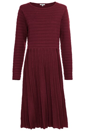 Bordeauxrotes Midikleid mit langem Arm, Strickstruktur am Oberteil, Faltenrock ab Taille, Rundhalsausschnitt, taillierte Form