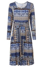 Langärmeliges Kleid in Blau, Beige und Weiß mit gemischtem Ornament- und Blumenmuster, rundem Ausschnitt, knieumspielende Länge, ausgestellte Passform