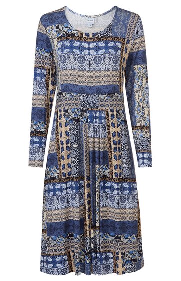 Langärmeliges Kleid in Blau, Beige und Weiß mit gemischtem Ornament- und Blumenmuster, rundem Ausschnitt, knieumspielende Länge, ausgestellte Passform