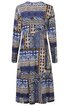 Langärmliges Midikleid in Blau- und Beigetönen mit geometrischem Mustermix, Rundhalsausschnitt, ausgestellter Rockteil, figurumspielende Form