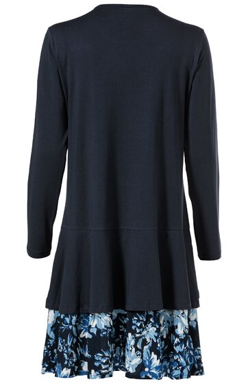 Damenkleid mit langem schwarzen Oberteil, rundem Ausschnitt, langen Ärmeln, weiter unterer Bereich, untergelegtem Rockteil mit blau-weißem Blumenmuster, knieumspielend