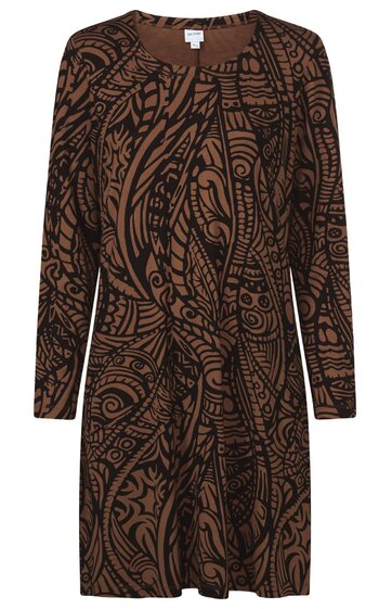 Braunes langärmliges Kleid mit schwarzen abstrakten Mustern, runder Ausschnitt, mittellang, leicht A-förmiger Schnitt