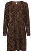 Braunes langärmliges Kleid mit schwarzen abstrakten Mustern, runder Ausschnitt, mittellang, leicht A-förmiger Schnitt
