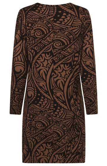 Braunes Kleid mit schwarzem abstraktem Muster, langärmlig, rundhalsig, knielang, gerade geschnitten