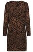 Braunes Kleid mit schwarzem abstraktem Muster, langärmlig, rundhalsig, knielang, gerade geschnitten