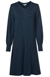 Dunkelblaues Kleid mit V-Ausschnitt, langärmlig, Ärmel mit weitem Abschluss und Manschetten, knielang, ausgestellte Rockform