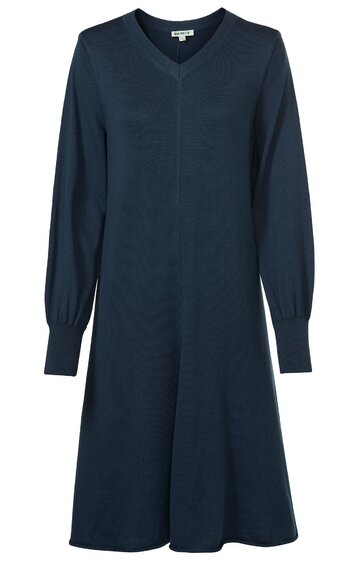 Dunkelblaues Kleid mit V-Ausschnitt, langärmlig, Ärmel mit weitem Abschluss und Manschetten, knielang, ausgestellte Rockform