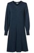 Dunkelblaues Kleid mit V-Ausschnitt, langärmlig, Ärmel mit weitem Abschluss und Manschetten, knielang, ausgestellte Rockform