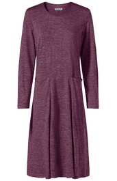 Langärmliges Kleid in dunklem Lila ohne Muster, rundem Ausschnitt, A-Linien-Form, geschnittene Taille, aufgesetzte Tasche links vorne