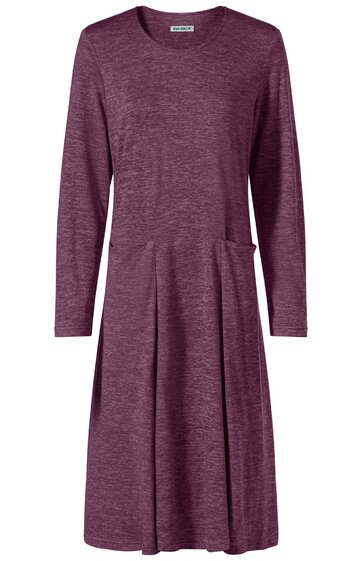 Langärmliges Kleid in dunklem Lila ohne Muster, rundem Ausschnitt, A-Linien-Form, geschnittene Taille, aufgesetzte Tasche links vorne
