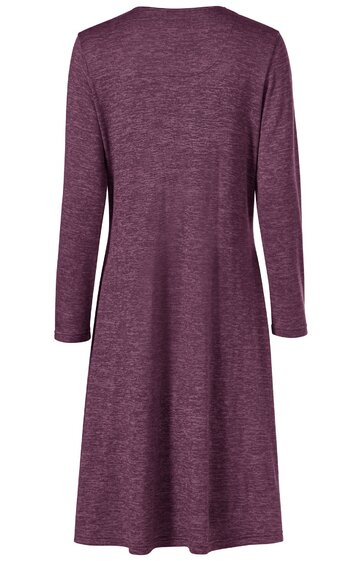 Langärmeliges Kleid in meliertem dunkellila, rundhals, knielang, ausgestellter Rock, einfache Rückseite ohne Muster oder Verzierungen