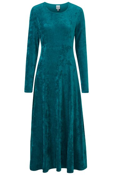 Langärmeliges, knöchellanges Kleid in petrolblau, einfarbig, rundhalsausschnitt, tailliert, ausgestellter Rock