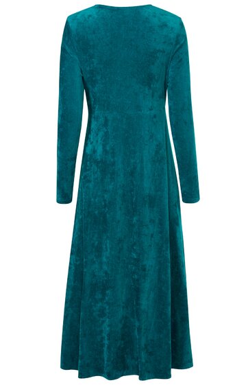 Langärmeliges knielanges Kleid in petrol, einfarbig, Rundhalsausschnitt, figurnah geschnitten, Rückenansicht