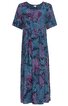 Midikleid in blau mit abstraktem Muster in Pink und Dunkelblau, Kurzarm, Rundhalsausschnitt, lockere Passform, leicht ausgestellter Rock