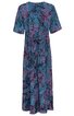Knielanges Kleid in Dunkelblau mit pink und schwarzem Blattmuster, Rundhalsausschnitt, kurze Ärmel, tailliert mit Bindegürtel, ausgestellter Rock