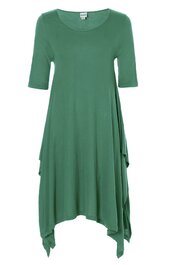 Locker fallendes Kleid in Salbeigrün, einfarbig, Rundhalsausschnitt, halblange Ärmel, asymmetrischer Saum mit Zipfeln