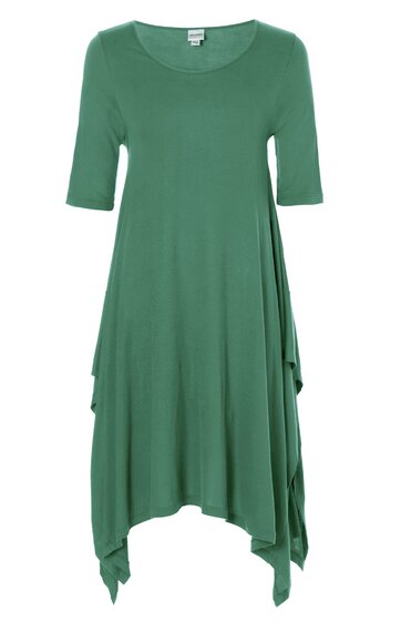 Locker fallendes Kleid in Salbeigrün, einfarbig, Rundhalsausschnitt, halblange Ärmel, asymmetrischer Saum mit Zipfeln