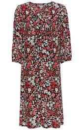 Knielanges Kleid schwarz mit kleinem Blumenmuster in rot und weiß, V-Ausschnitt, 3/4-Ärmel, leichter A-Linien-Schnitt