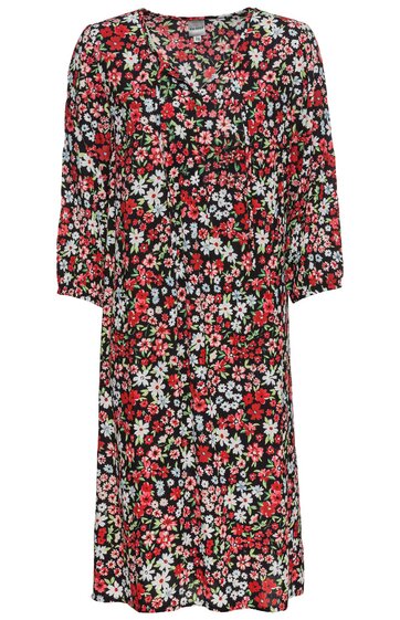 Knielanges Kleid schwarz mit kleinem Blumenmuster in rot und weiß, V-Ausschnitt, 3/4-Ärmel, leichter A-Linien-Schnitt
