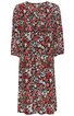 Knielanges Kleid schwarz mit kleinem Blumenmuster in rot und weiß, V-Ausschnitt, 3/4-Ärmel, leichter A-Linien-Schnitt