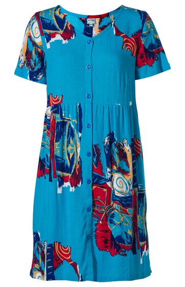 Kurzärmeliges Kleid in hellem Türkis mit buntem abstraktem Muster in Rot, Blau und Creme, Rundhalsausschnitt, durchgehende Knopfleiste, lockere Passform