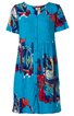 Kurzärmeliges Kleid in hellem Türkis mit buntem abstraktem Muster in Rot, Blau und Creme, Rundhalsausschnitt, durchgehende Knopfleiste, lockere Passform