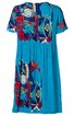 Türkisblaues Kleid mit abstraktem, farbigem Muster in Rot, Weiß, Gelb und Blau, kurze Ärmel, rundhals, knielang, lockere Passform