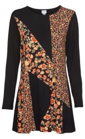 Schwarz-orange Viskose-Mix-Shirt mit langen Ärmeln, asymmetrischen floralen Mustern in verschiedenen Orangetönen und beigefarbenen Blüten, Rundhalsausschnitt, locker fallend, modisches Damenshirt