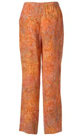 Orangene Viskose-Hose mit elastischem Bund, ausgestelltem Schnitt und abstraktem, mehrfarbigem Muster in Blau, Hellgrün und Lila auf orangefarbenem Hintergrund.