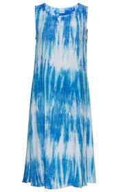 Ärmelloses Viskose-Kleid mit rundem Ausschnitt, A-Linien-Schnitt, blauer und weißer Batikoptik, fließender Stoff, knielang.
