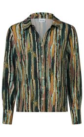Damenbluse mit langem Arm, Hemdkragen, Knopfleiste, abstraktem Zickzack-Streifenmuster in Grün-, Gelb-, Braun- und Blautönen, leichte Textur, gerade geschnitten, femininer Stil