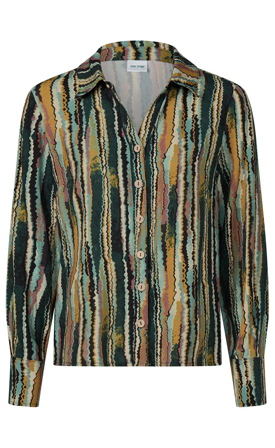 Damenbluse mit langem Arm, Hemdkragen, Knopfleiste, abstraktem Zickzack-Streifenmuster in Grün-, Gelb-, Braun- und Blautönen, leichte Textur, gerade geschnitten, femininer Stil