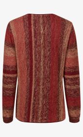 Baumwoll-Pullover mit langen Ärmeln, Rückansicht, gemusterte senkrechte Streifen in verschiedenen Rot- und Brauntönen, grob gestrickt, gerader Schnitt, Rundhalsausschnitt, einfache Verarbeitung ohne Verzierungen