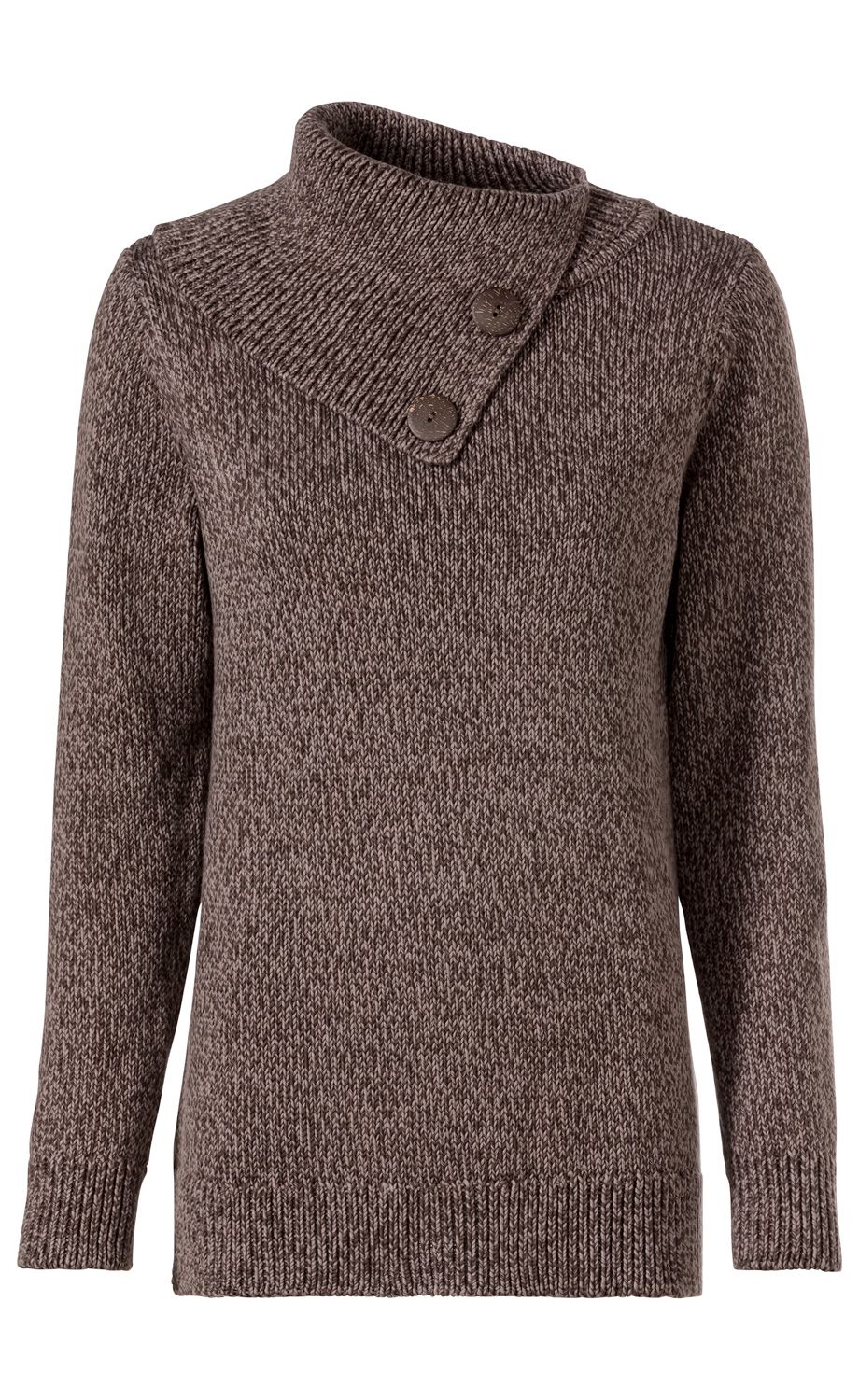 Brauner Baumwoll-Pullover mit langer Passform, asymmetrischem Kragen und zwei braunen Knöpfen, grob gestrickt, mit gerippten Bündchen am Saum und an den Ärmeln, warmer und bequemer Stil