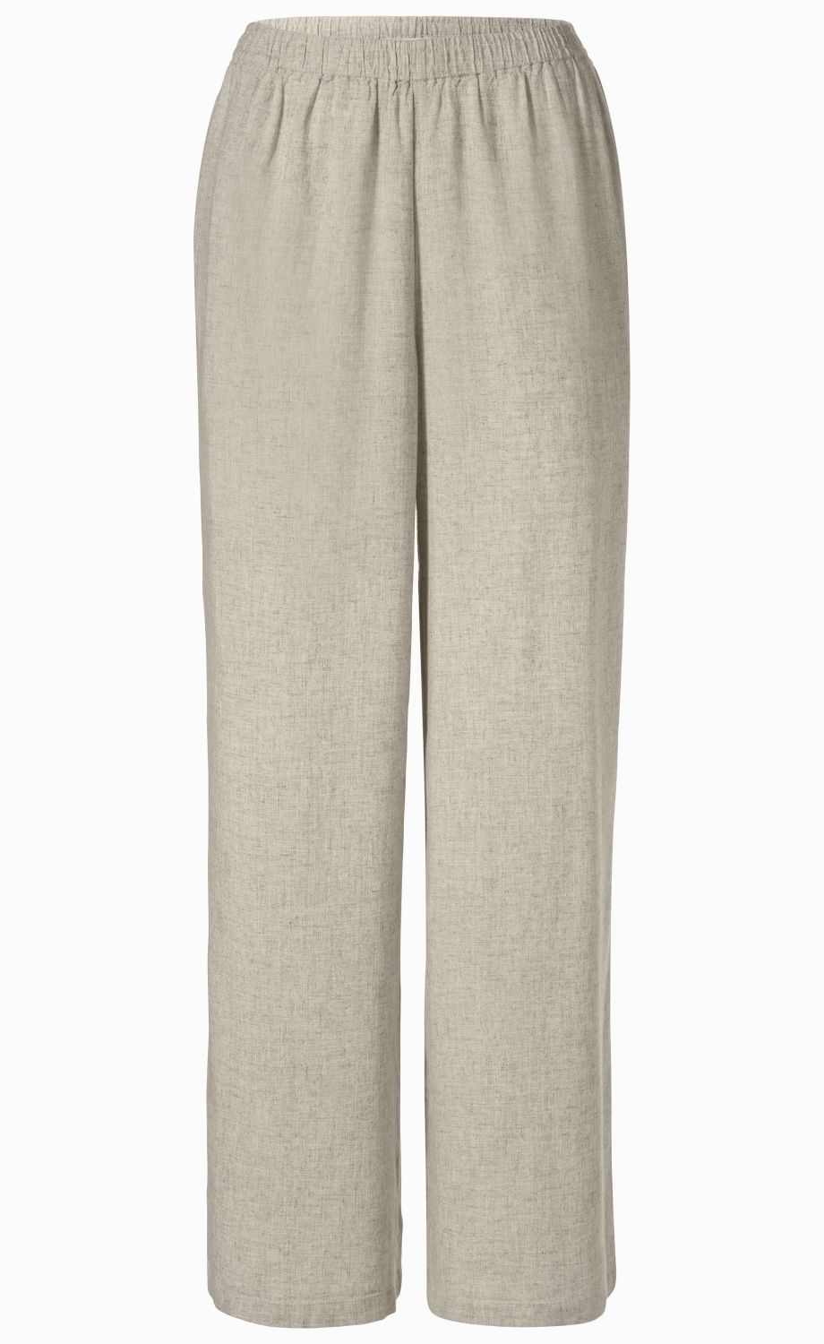 beige Viskose-Mix-Hose mit weitem Bein, elastischem Bund und lockerem Schnitt, einfarbig, ohne Muster oder Verzierungen, leichter Stoff mit feiner Textur