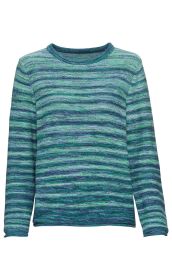 Baumwoll-Pullover mit langem Arm, Rundhalsausschnitt, gestricktes Muster in verschiedenen Blautönen und Grün, schlicht geschnitten, bequemer Fit, unifarben meliert, leichter Strickstoff, Alltagstauglich