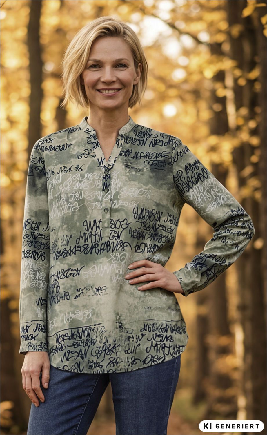 Frau trägt grün-graue Baumwoll-Bluse mit schwarzem und weißem abstraktem Schriftmuster, steht vor Herbstwald mit gelb-orangefarbenen Blättern, lächelt, eine Hand in Hüfte, blaue Jeans
