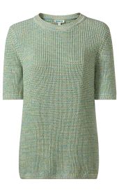 Baumwoll-Pullover mit rundem Ausschnitt, kurzärmelig, grob gestrickt, mehrfarbig in Grün-, Blau- und Beigetönen, gerade Passform, Saum und Ärmelbündchen gerippt