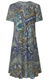 Viskose-Kleid mit kurzem Arm, V-Ausschnitt und Knopfleiste, ausgestellter Rock, buntes Paisley- und Blumenmuster in Blau, Gelb, Grün und Schwarz