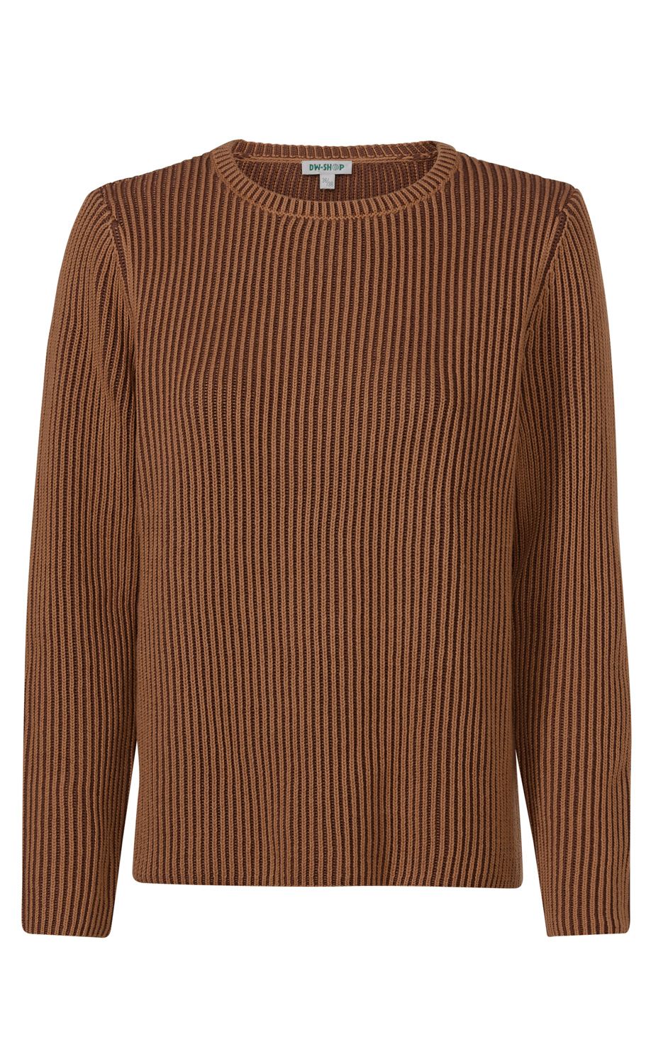 Baumwoll-Pullover in Braun mit feinem Rippstrickmuster, rundem Halsausschnitt und langen Ärmeln, gerade geschnitten, schlicht und zeitlos