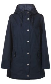 dunkelblaue Baumwoll-Jacke mit Kapuze, durchgehender Knopfleiste mit silbernen Druckknöpfen, langen Ärmeln, seitlichen Taschen mit Knopfklappen, geradem Saum